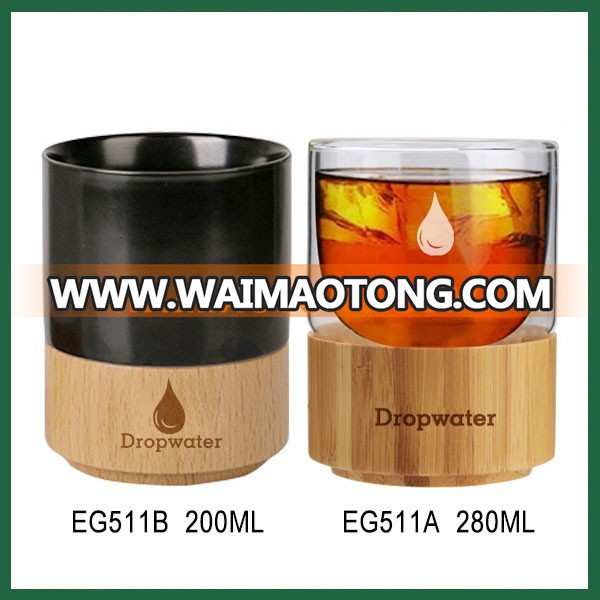 Wholesale promotional custom double wall glass ceramic resuable coffee cup with bamboo bottom