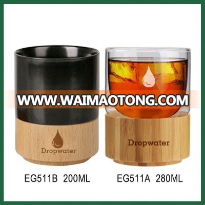 Wholesale promotional custom double wall glass ceramic resuable coffee cup with bamboo bottom